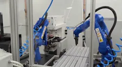 In this medical supplies manufacturing application, three Yaskawa industrial robots delivered via Rapid Robotics' robots as a service program are used to plasma treat and inspect syringes.