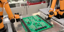 Rapid Robotics' robots featuring custom grippers for printed circuit board assembly. Rapid Robotics' robots featuring custom grippers for printed circuit board assembly.