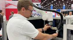 Matt Conklin with ABB demonstrates the Cobot Arc Welding Package with ABB's GoFa cobot at Automate 2023.