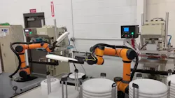 Rapid Robotics' robots with custom grippers for frisbee manufacturing. Rapid Robotics' robots with custom grippers for frisbee manufacturing.