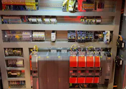 The control cabinet containing SEW Eurodrive's StarterSet automation components for the vertical form fill seal packaging machine on display at Pack Expo 2023. The control cabinet containing SEW Eurodrive's StarterSet automation components for the vertical form fill seal packaging machine on display at Pack Expo 2023.
