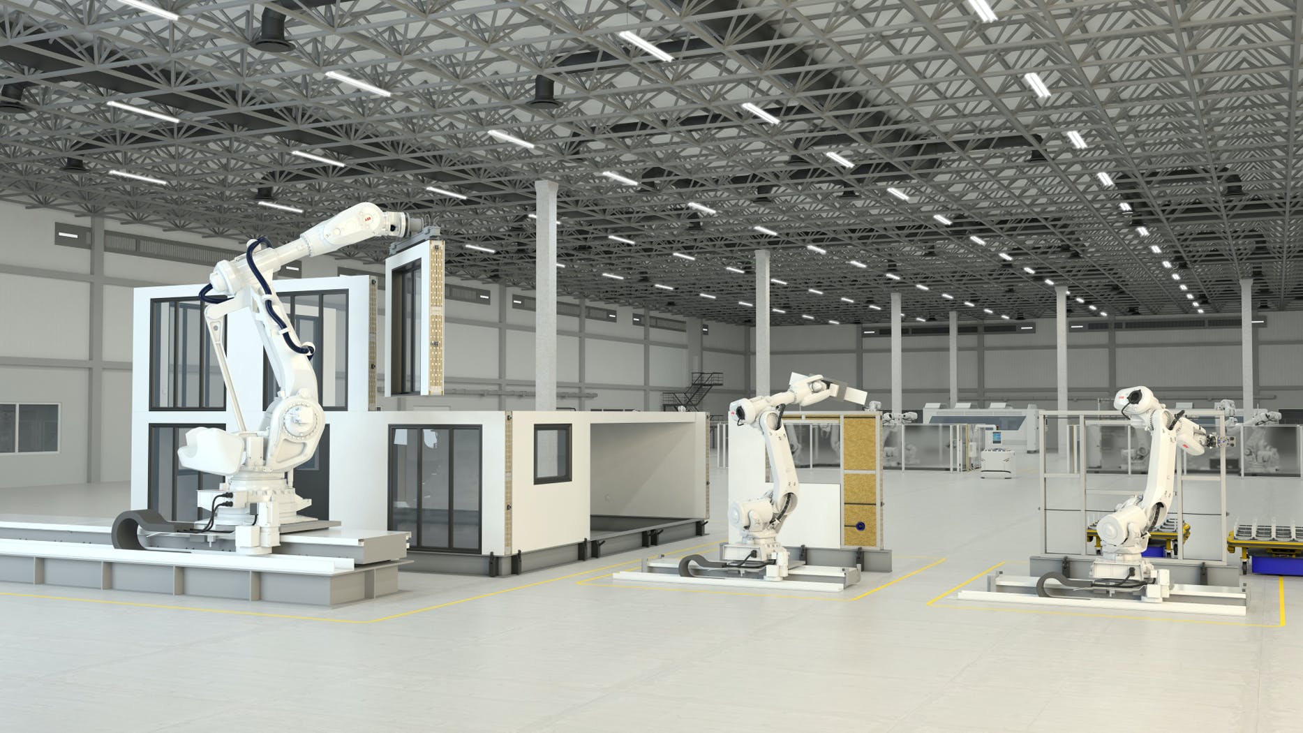 Conceptual animation of a modular housing construction factory.