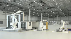 Conceptual animation of a modular housing construction factory.