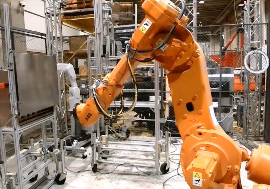 An ABB robot is used in this Rensselaer Polytechnic Institute project focused on robotic handling of explosives. Other partners in this ARM Institute project include Ensign-Bickford Aerospace & Defense, the U.S. Army, DEVCOM Armaments Center and Interface Technologies.