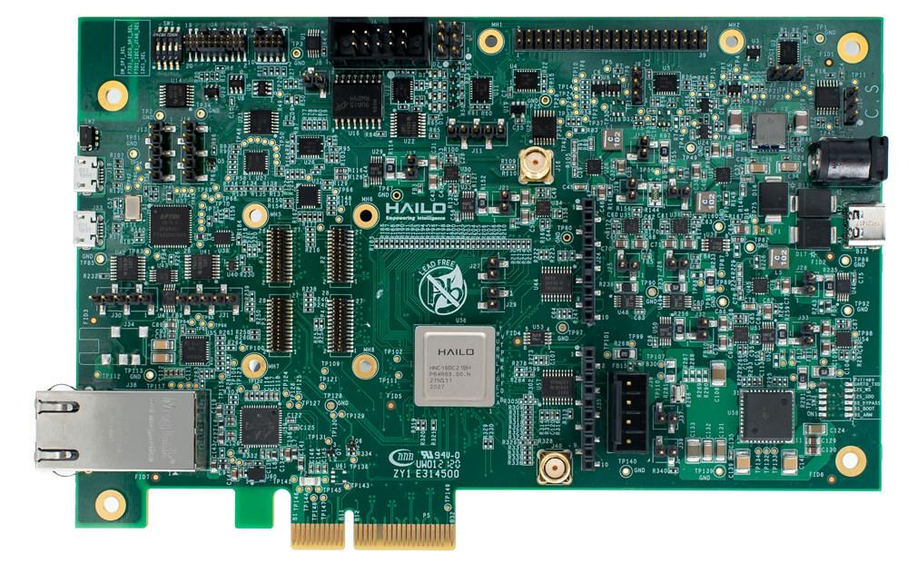 Hailo-8 evaluation board with PCIe edge connector, Gigabit Ethernet, audio, USB ports, I2C & UART interfaces, GPIO as well as two MIPI CSI camera interfaces.