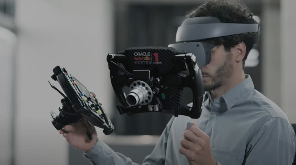 An engineer compares a real-world component of a Red Bull Racing car with a 3D simulation using Sony&rsquo;s new immersive VR headset and Siemens Xcelerator software. Red Bull Racing is collaborating with Siemens and Sony to demonstrate the capabilities of this metaverse technology. Source: Siemens