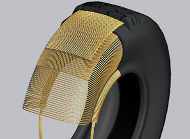 Cross-section of automotive tire showing tire cord wire.