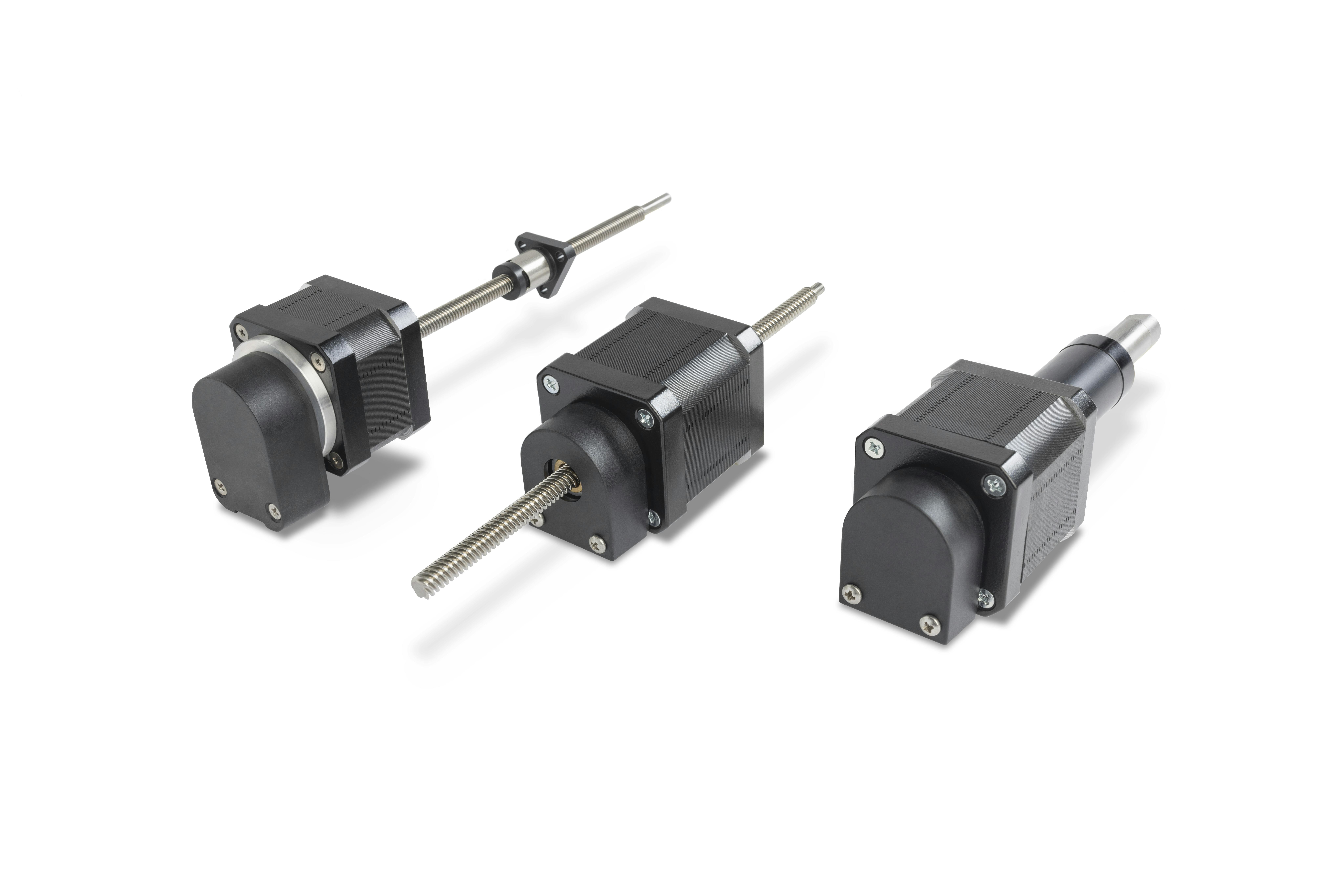 Stepper motor linear actuators with added optical encoders (From left to right: motorized lead screw, motorized lead nut and motorized linear actuator).