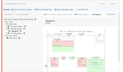 An edit of the Sequence routine using Ladder Logic in Copia's product, SourceControl. Red indicates elements that have been removed, while green indicates elements that have been added. Comments can be added directly on the changed rung of logic during code review. Source: Copia An edit of the Sequence routine using Ladder Logic in Copia's product, SourceControl. Red indicates elements that have been removed, while green indicates elements that have been added. Comments can be added directly on the changed rung of logic during code review. Source: Copia