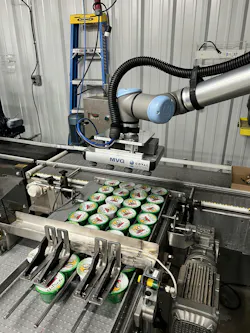 The UR10e robot at El Pinto, equipped with a custom Coval vacuum gripper, testing the alignment and suction of 12 single-serve cups. The UR10e robot at El Pinto, equipped with a custom Coval vacuum gripper, testing the alignment and suction of 12 single-serve cups.