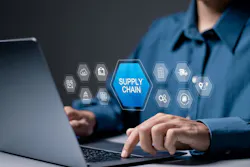 Businessman use laptop with supply chain icon on virtual screen Businessman use laptop with supply chain icon on virtual screen