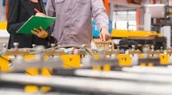 A male expertise engineering is explaining about the quality of metal sheet machine of industry to female inspector and Mechanic or technician in manufacturing or factory, Business's safety check.