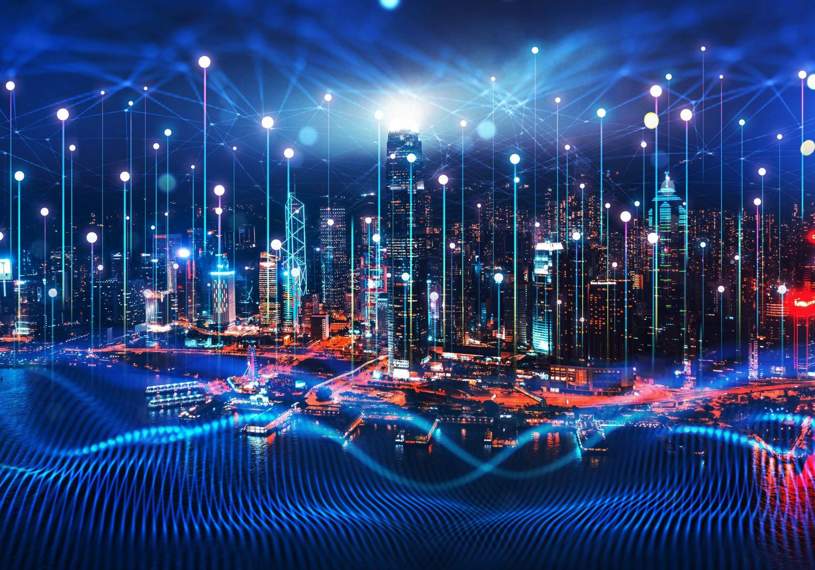 Big data connection technology. Cityscape telecommunication and communication network concept. Smart city and digital transformation.