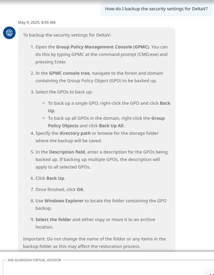 Sample interaction with Guardian Virtual Advisor.