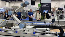 The Movotrak 7th axis system with a Universal Robot cobot attached on display at Pack Expo 2025. The Movotrak 7th axis system with a Universal Robot cobot attached on display at Pack Expo 2025.