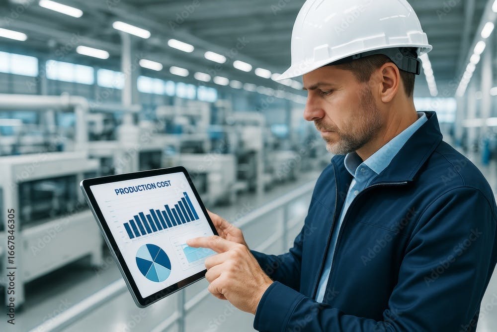 Manufacturing manager reviewing data