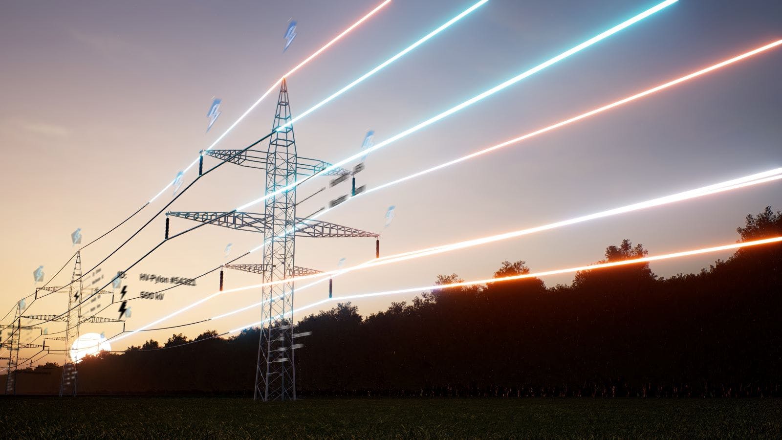 Visualization of energy stream travelling through overhead electrical transfer lines over sunset horizon sky.