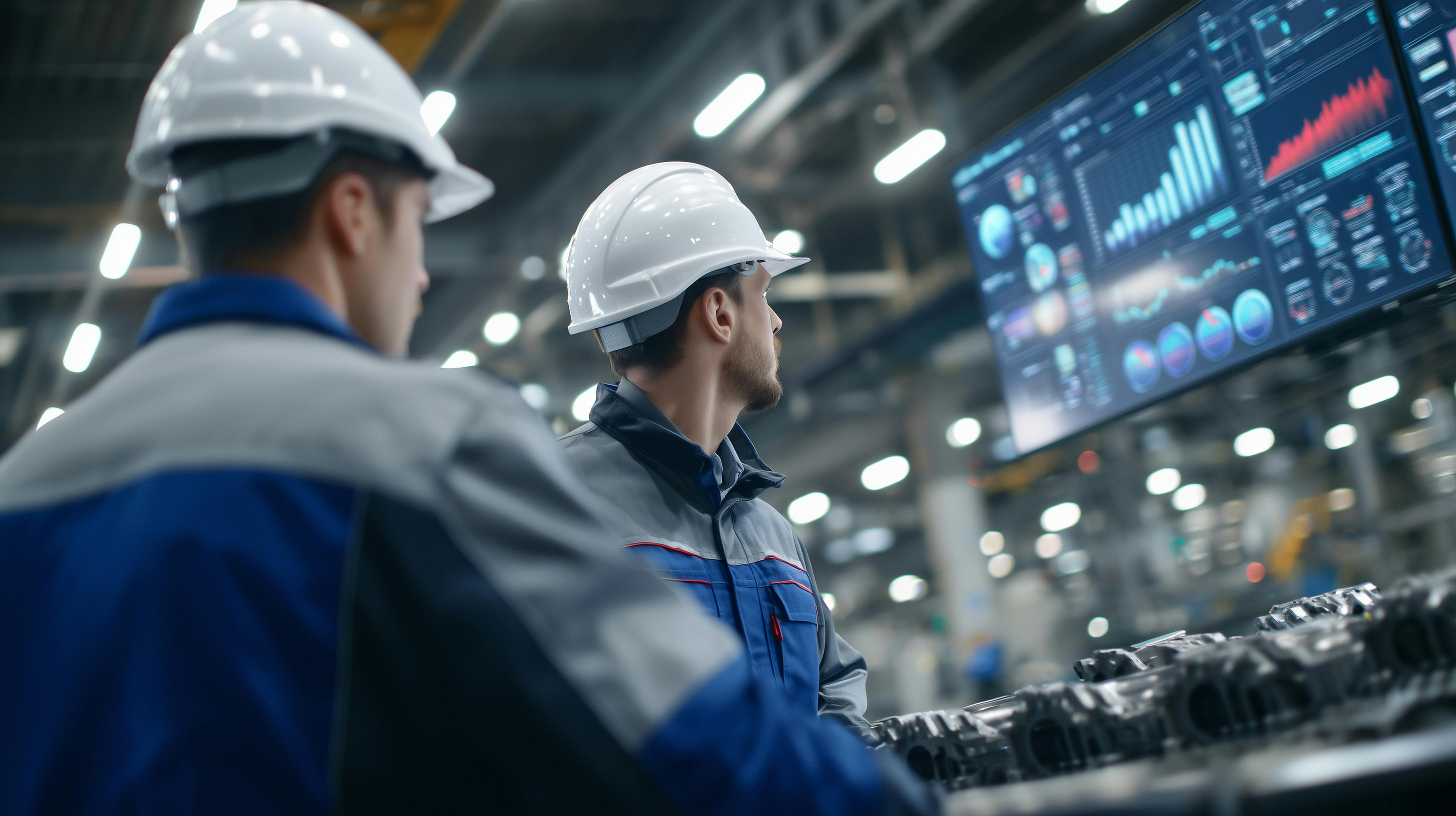 manufacturing workers view displays showing production data analytics