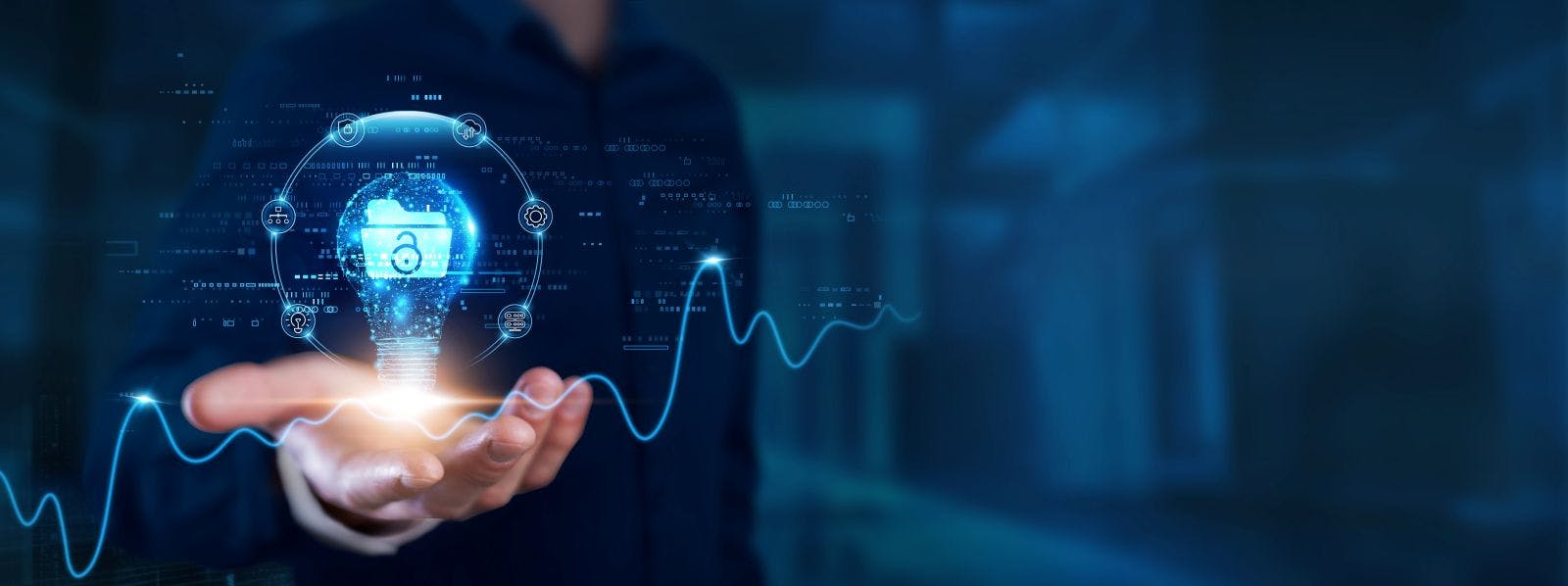 Open Data: Businessman hands with light bulb of inspiration, bright idea, and creative thinking energetic on digital network. Transparency, accessibility, collaboration, innovation.