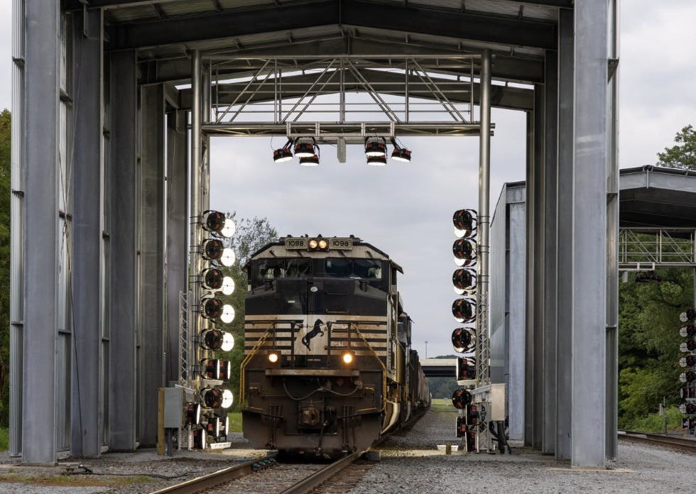 Norfolk Southern railcar being inspected with AI vision system