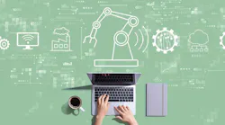 Smart industry concept with person working with a laptop on a green background