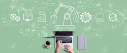 Smart industry concept with person working with a laptop on a green background Smart industry concept with person working with a laptop on a green background