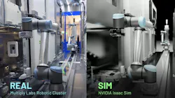 Real world view compared to simulation of a Multiply Labs robotic cluster using Nvidia tech Real world view compared to simulation of a Multiply Labs robotic cluster using Nvidia tech