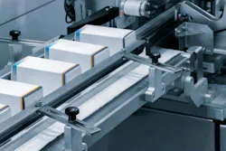 Automatic packaging conveyor line in pharmaceutical factory, pharmaceutical industrial concept background