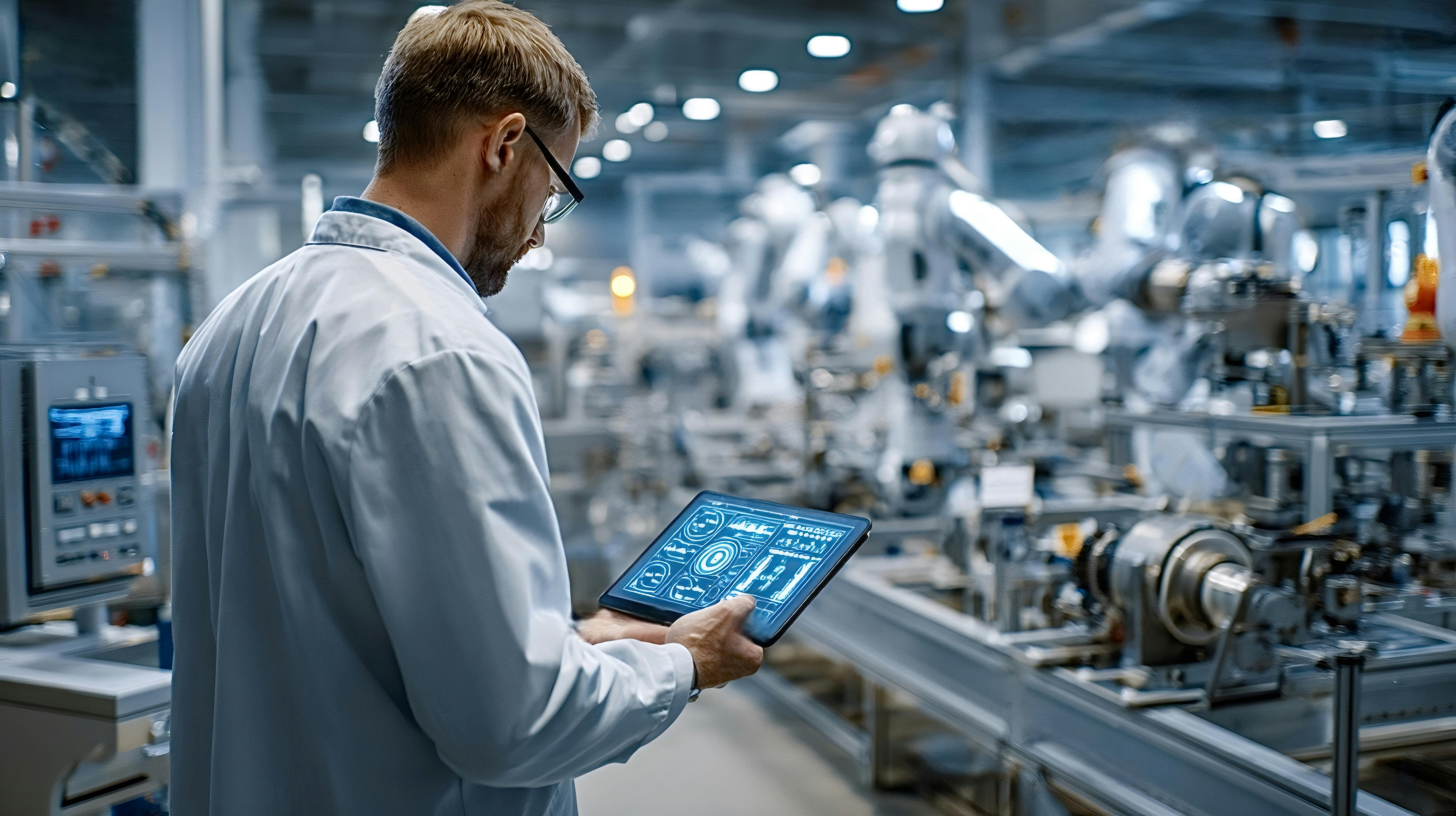 worker reviews production operations data via a consolidated platform