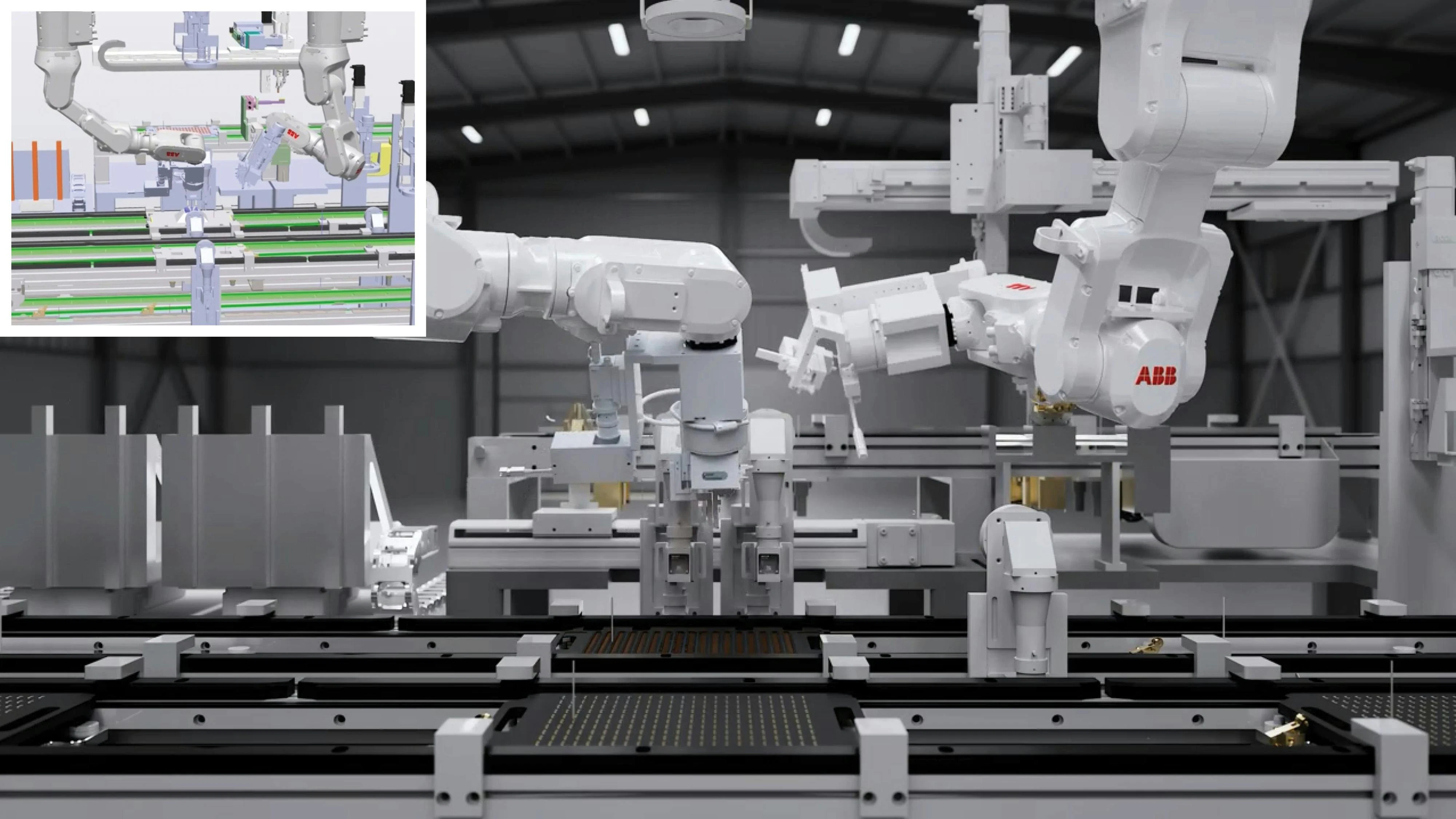 simulation screen next to real-world robotic application