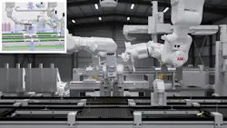 simulation screen next to real-world robotic application simulation screen next to real-world robotic application