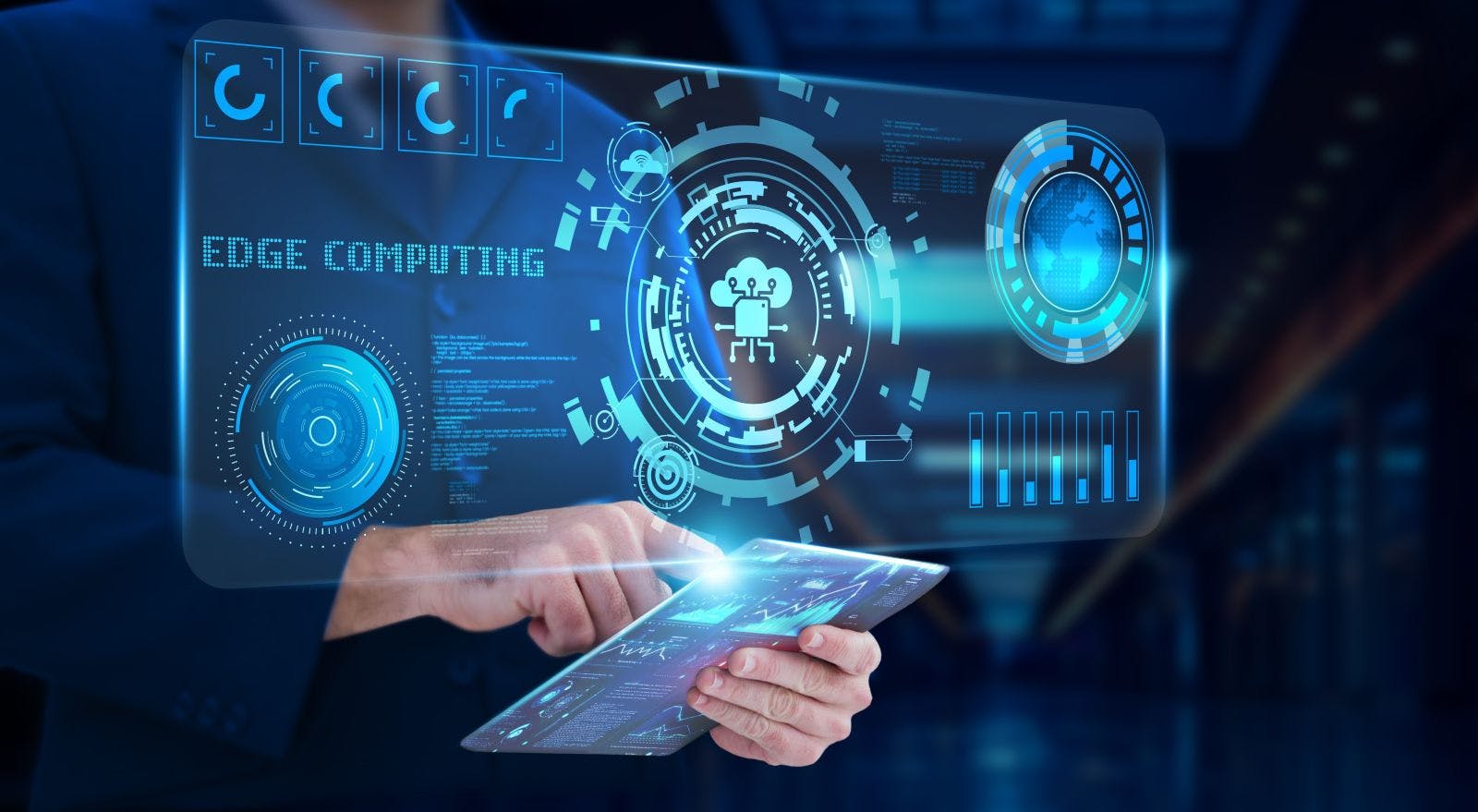 Edge Computing: Real-time data, businessman analyzing and monitoring technological edge computing, low latency, data processing, connectivity, IoT integration, efficiency.