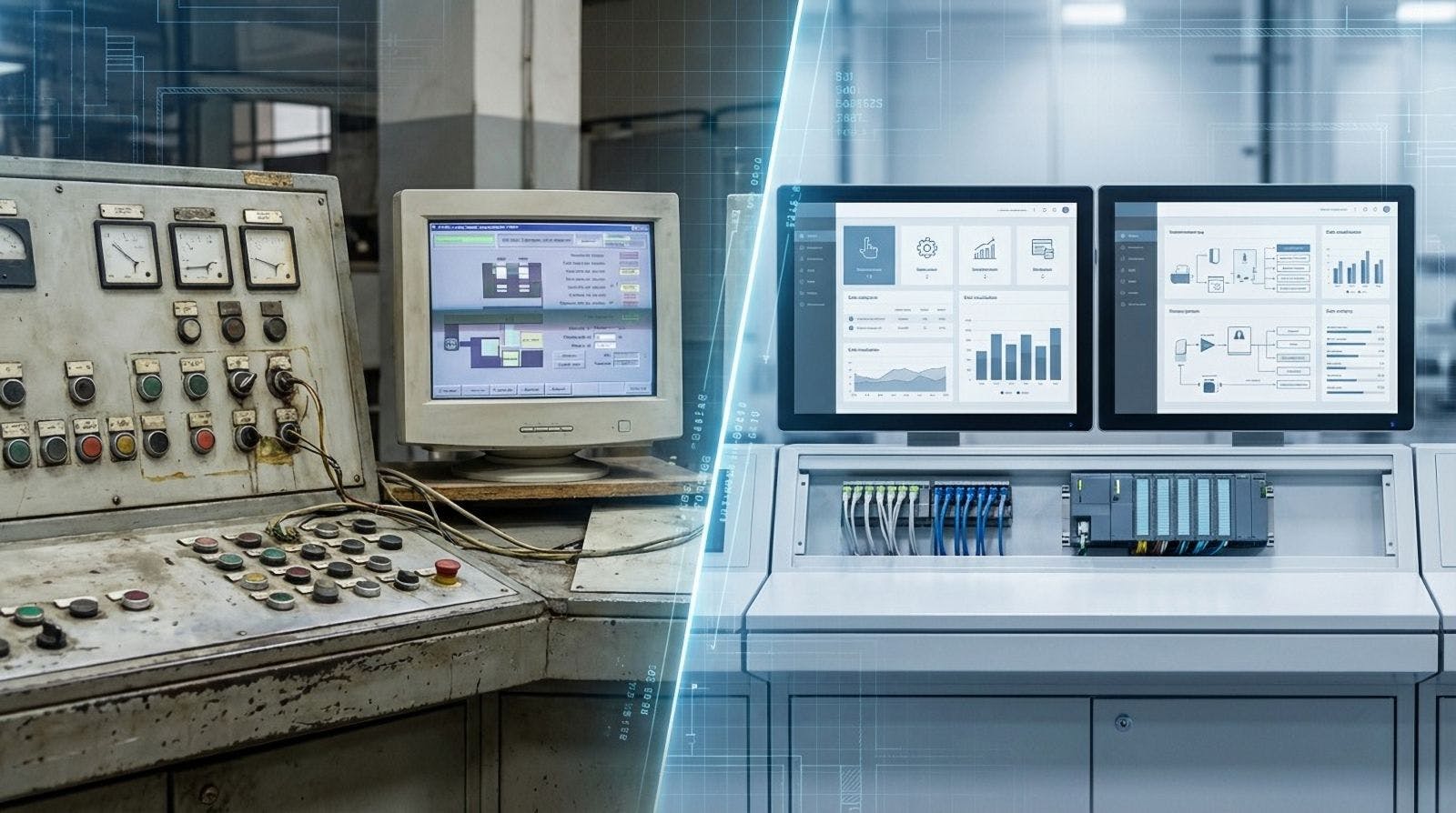Industrial automation modernization concept, split-scene before and after: legacy control panel and old SCADA screens transitioning into modern PLC/SCADA architecture with clean HMI, standardized templates, organized wiring and industrial Ethernet network