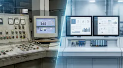 Industrial automation modernization concept, split-scene before and after: legacy control panel and old SCADA screens transitioning into modern PLC/SCADA architecture with clean HMI, standardized templates, organized wiring and industrial Ethernet network Industrial automation modernization concept, split-scene before and after: legacy control panel and old SCADA screens transitioning into modern PLC/SCADA architecture with clean HMI, standardized templates, organized wiring and industrial Ethernet network