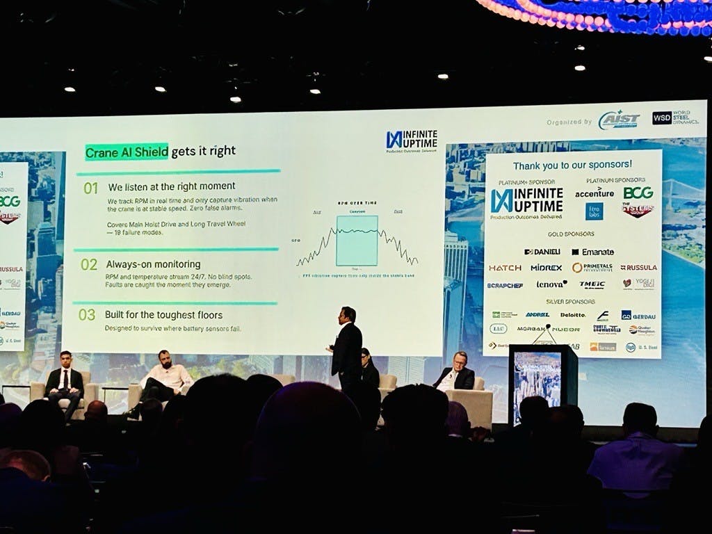 Karthikeyan Natarajan, CEO of Infinite Uptime unveils Crane AI Shield at the Global Steel Dynamics Forum 2026.