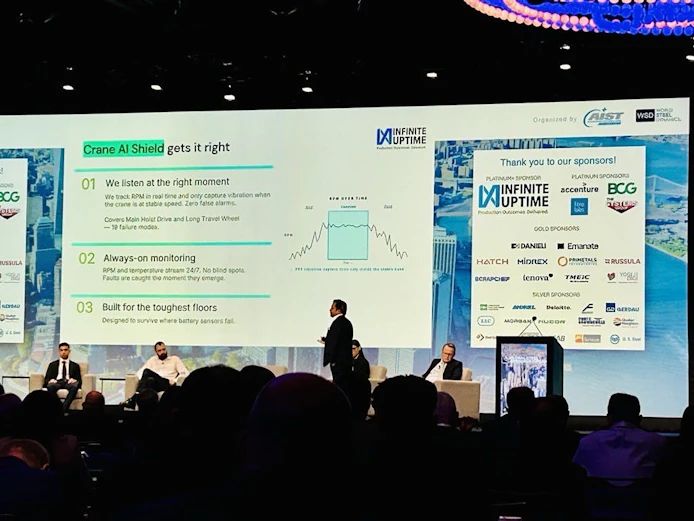 Karthikeyan Natarajan, CEO of Infinite Uptime unveils Crane AI Shield at the Global Steel Dynamics Forum 2026.