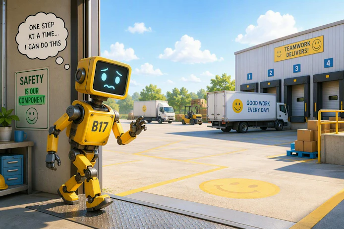 A graphic of a yellow robot looking worried with a thought bubble reading, 'One step at a time...I can do this'. The robot is standing in the doorway of a factory looking outside into a loading dock with trucks.
