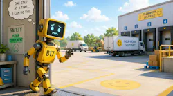 A graphic of a yellow robot looking worried with a thought bubble reading, 'One step at a time...I can do this'. The robot is standing in the doorway of a factory looking outside into a loading dock with trucks.