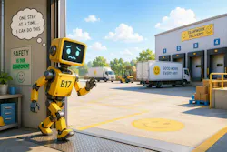 A graphic of a yellow robot looking worried with a thought bubble reading, 'One step at a time...I can do this'. The robot is standing in the doorway of a factory looking outside into a loading dock with trucks.