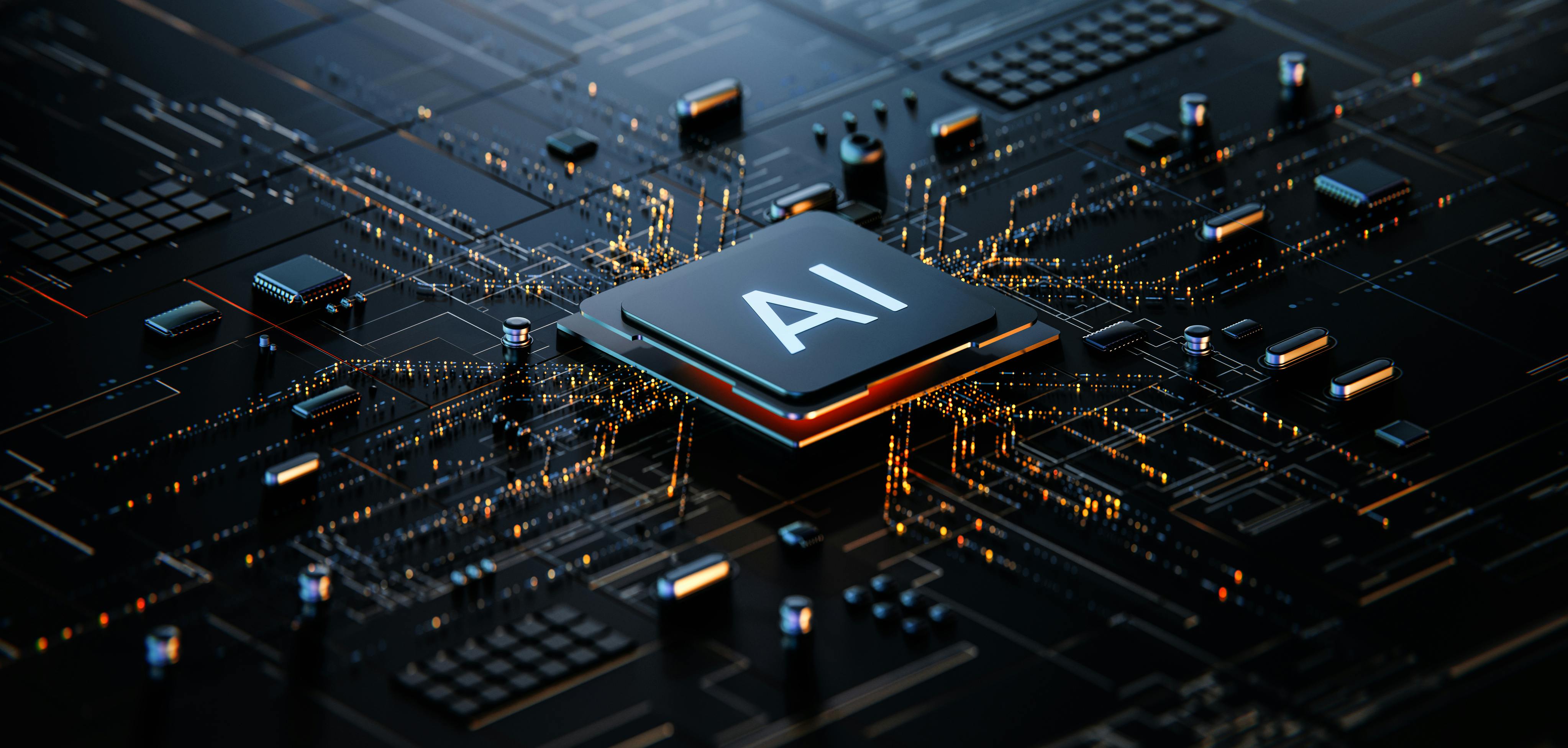 AI button in the middle of a dark gray circuit board, connecting the board with digital orange beams.