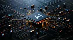 AI button in the middle of a dark gray circuit board, connecting the board with digital orange beams.
