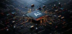 AI button in the middle of a dark gray circuit board, connecting the board with digital orange beams.