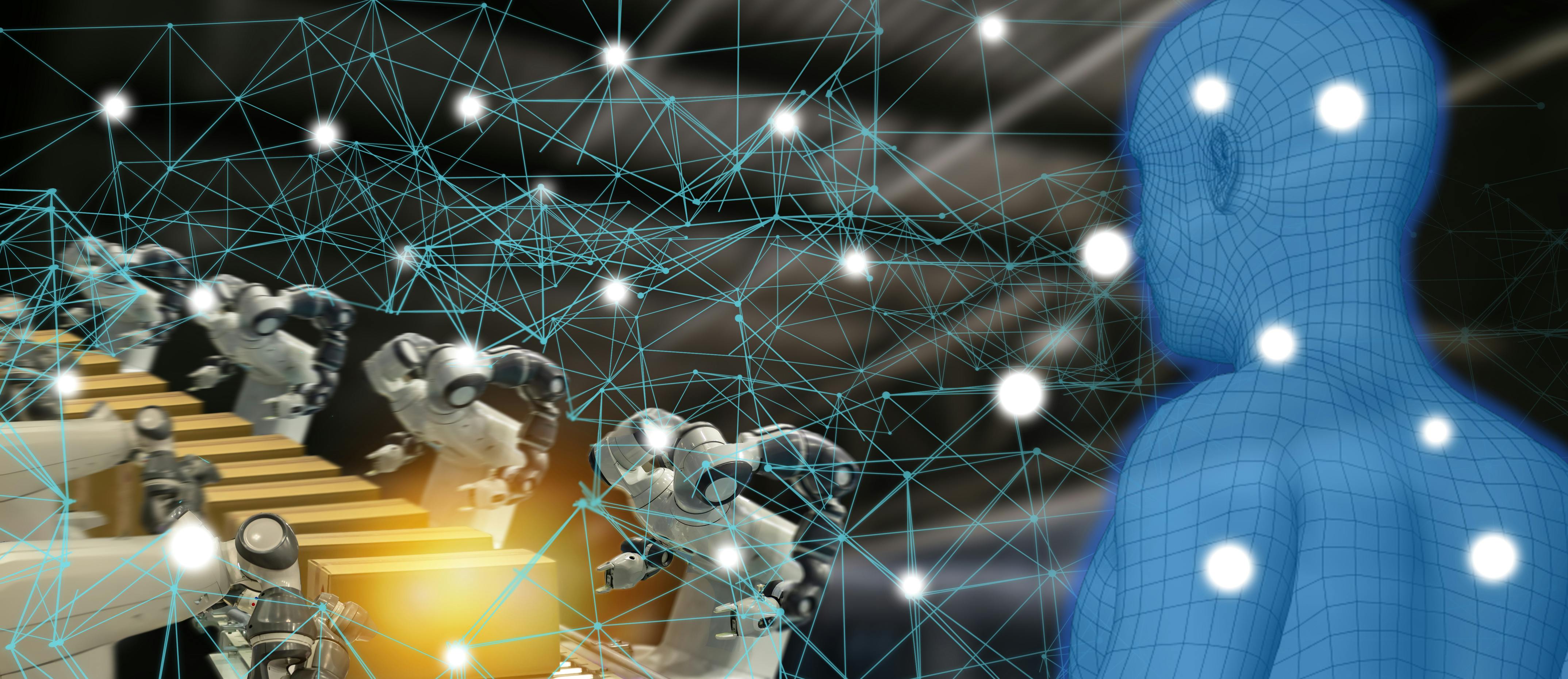 Iot trend Industry 4.0 concept: industrial engineer using AI-augmented, virtual reality with wire mesh to monitoring machine in real time.