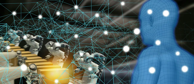 Iot trend Industry 4.0 concept: industrial engineer using AI-augmented, virtual reality with wire mesh to monitoring machine in real time.