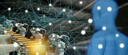 Iot trend Industry 4.0 concept: industrial engineer using AI-augmented, virtual reality with wire mesh to monitoring machine in real time.