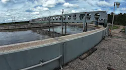 Figure 1: Each aeration basin has a rotating arm that circles the basin, oxygenating the water with attached diffuser wands.