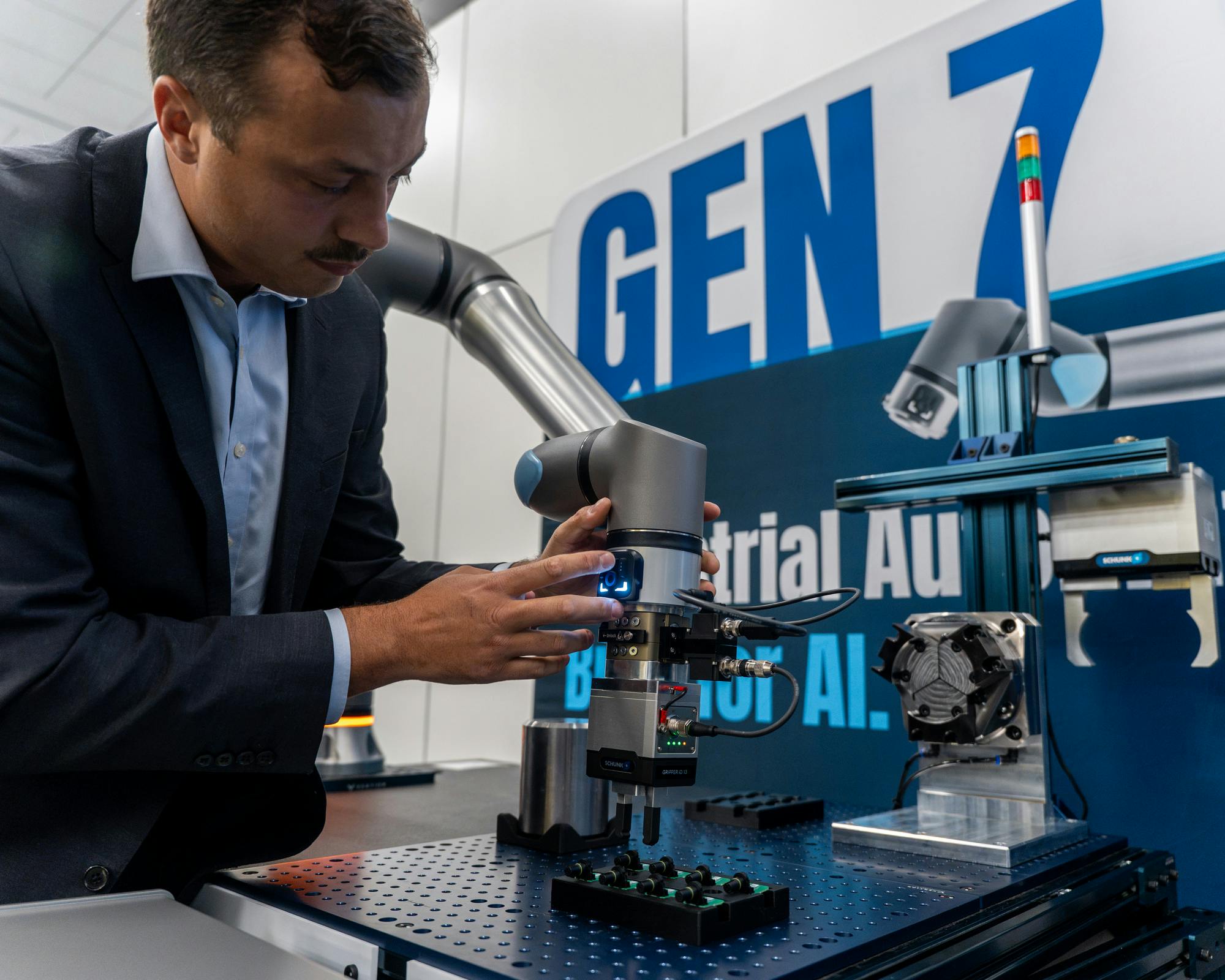 Universal Robots' Global Head of UR+ Ecosystem, Christopher Savoia, showcases the new SP7 Smart Panel on a UR17g-1300 robot at the launch of Gen 7 - UR's 7th generation robotics platform at IMTS in Chicago, September 14, 2026.