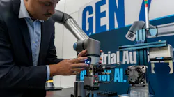 Universal Robots' Global Head of UR+ Ecosystem, Christopher Savoia, showcases the new SP7 Smart Panel on a UR17g-1300 robot at the launch of Gen 7 - UR's 7th generation robotics platform at IMTS in Chicago, September 14, 2026.