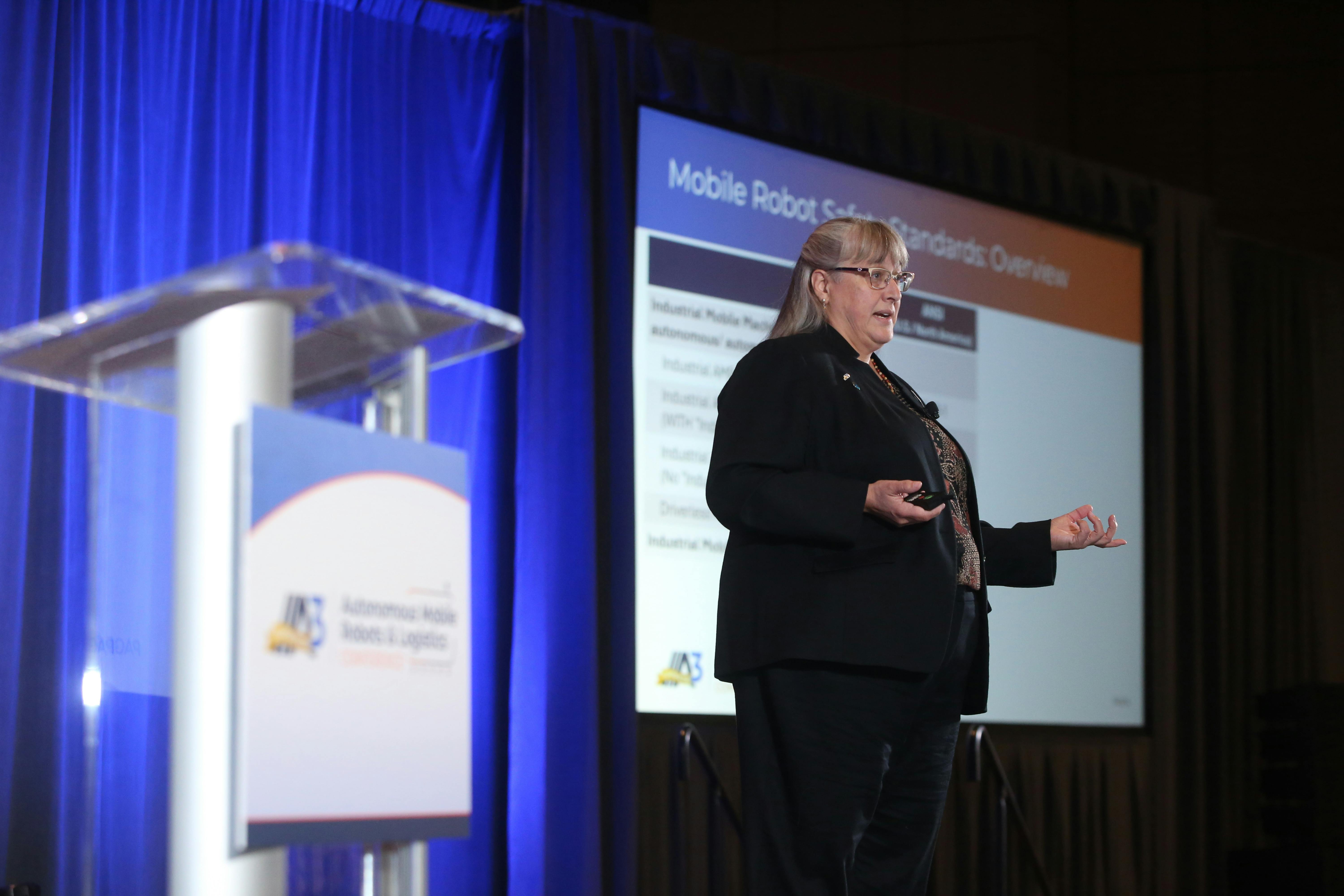 Carole Franklin, secretary of ISO/TC 299/WG 12, speaking at prior A3 events. Image credit: Abbey Hogan, Outlook Marketing.