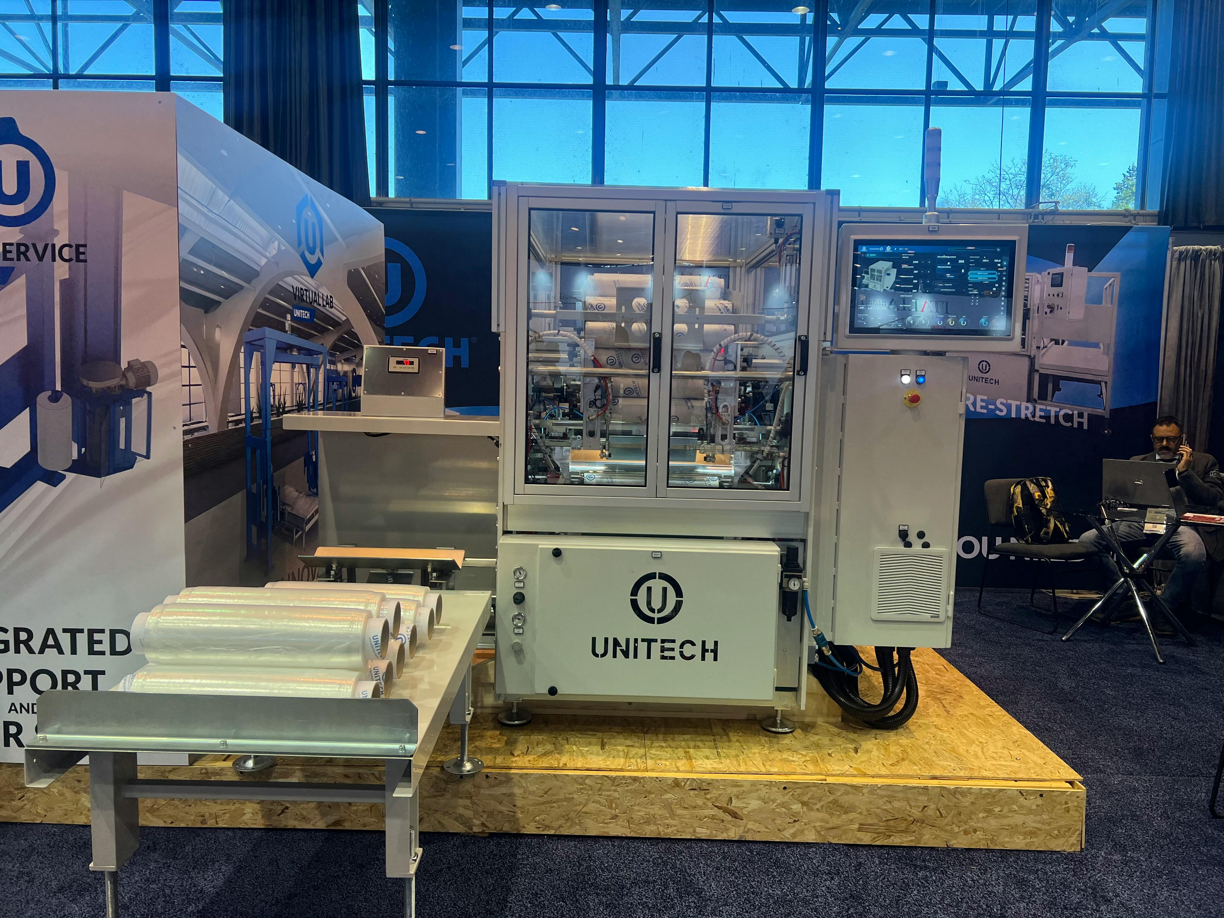 The Model T012 Automatic PreStretched Film Rewinder showcased at PACK EXPO 2026 in Chicago. Photo credit: Sarah Mattalian.